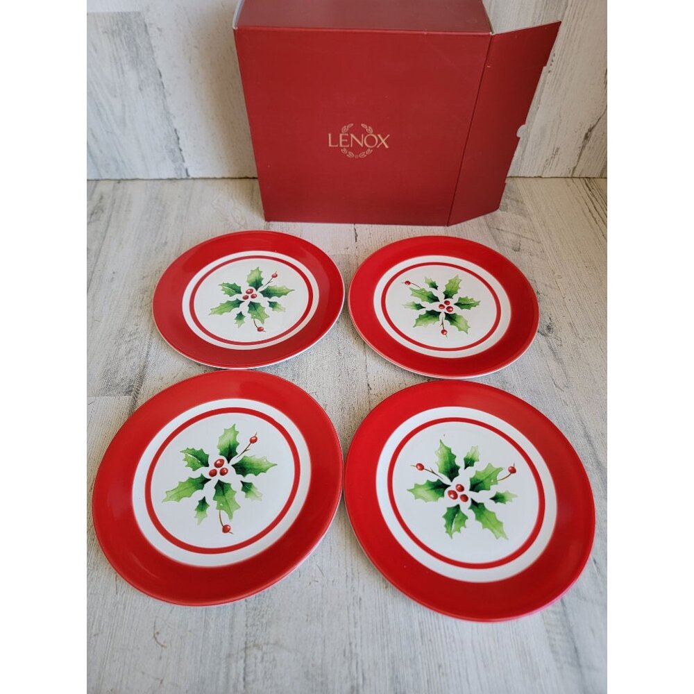 Lenox holiday paint‎ stripe dessert plate mistletoe Xmas set